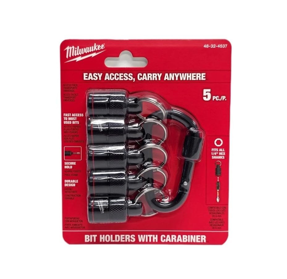 Milwaukee 5pc bit holder with carabiner for secure 1/4-inch bit storage on the job
