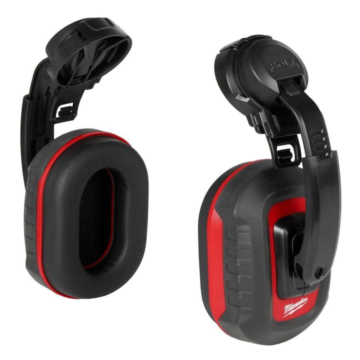 Milwaukee Bolt 24dB earmuffs close-up showing lightweight, durable design