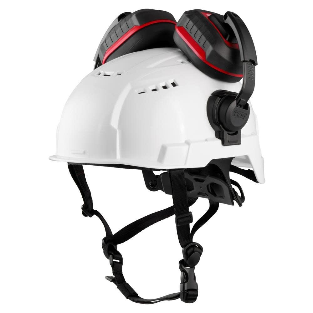 Milwaukee Bolt 24dB earmuffs worn for effective hearing protection during noisy work