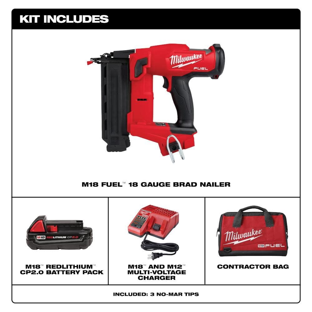 Milwaukee 18GA Brad Nailer depth adjustment shows tool-free setup for quick changes.