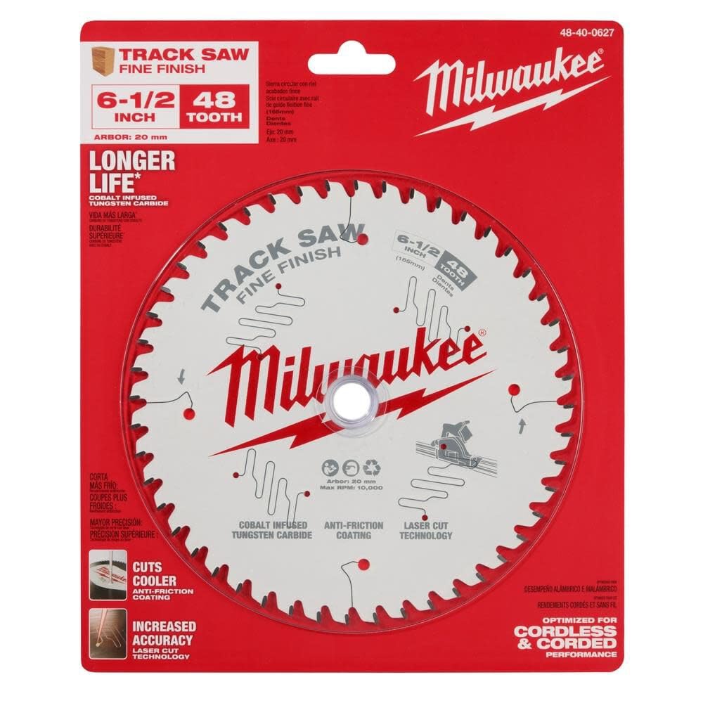 Milwaukee clean-cut burr-free finish blade shown in panel cutting