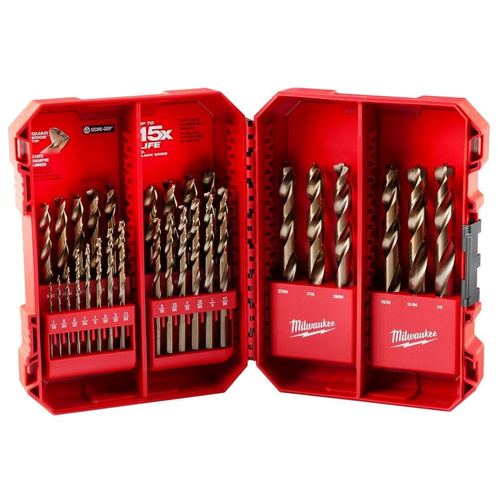Milwaukee 29-piece cobalt helix drill bits in red case for precise wood drilling