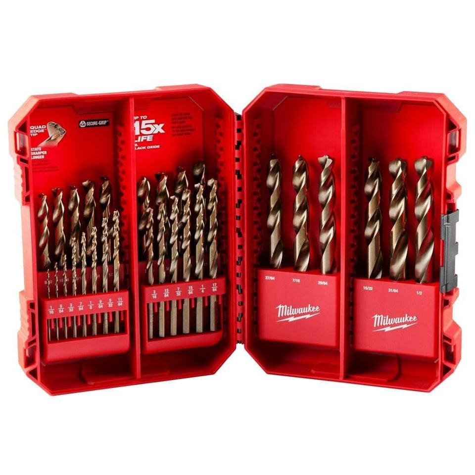 Milwaukee 29-piece cobalt helix drill bits in red case for precise wood drilling
