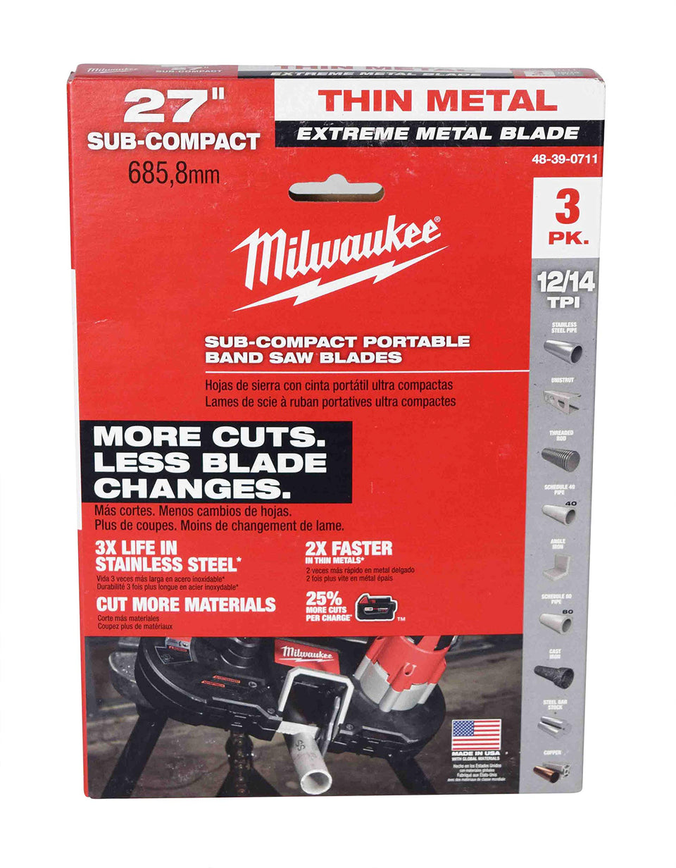 Milwaukee extreme thin metal band saw blades 3pk pack shot, for durable metal cutting.