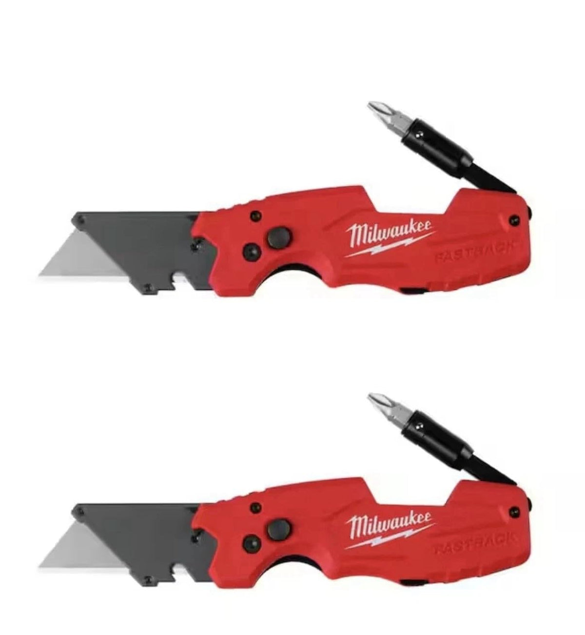 Milwaukee Fastback 6-in-1 folding knife—compact, versatile two-pack for electricians and DIY projects.