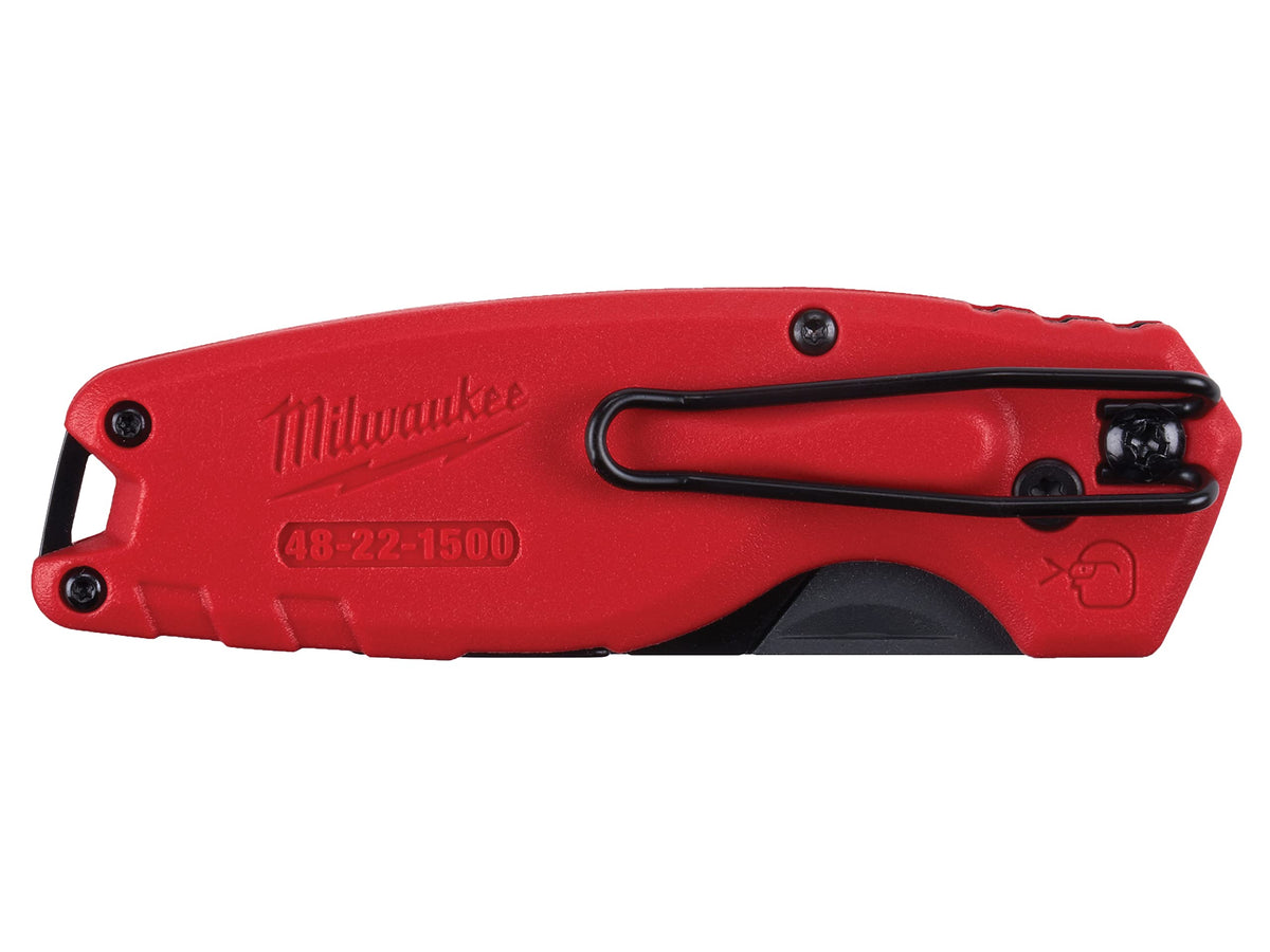 Milwaukee FASTBACK Compact Flip Utility Knife features belt clip and lanyard hole for secure carry.
