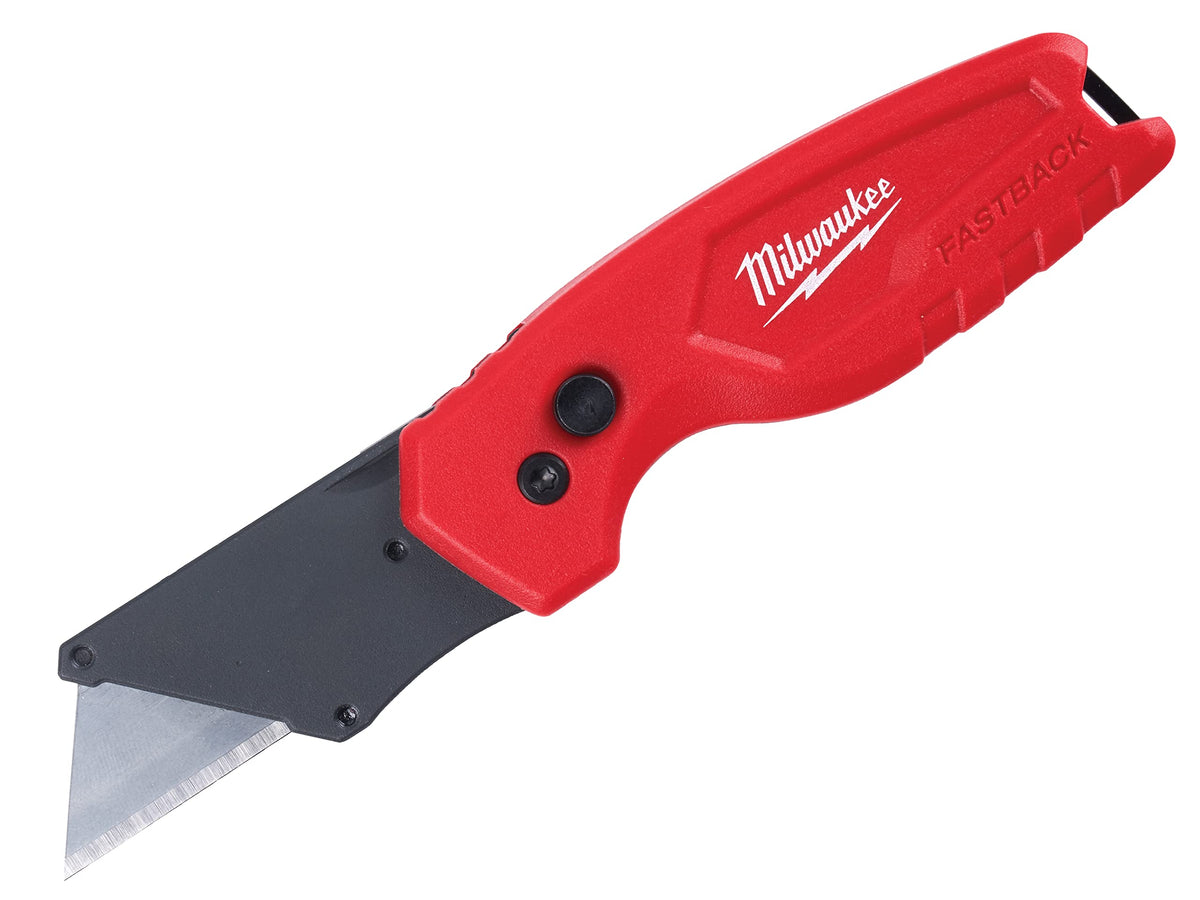Milwaukee FASTBACK Compact Flip Utility Knife shows one-handed opening for quick tasks.