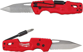 Milwaukee FASTBACK folding knife close-up showing blade and liner lock for safe one-handed use
