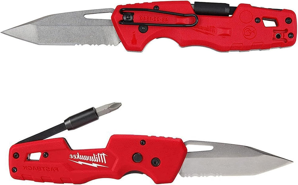 Milwaukee FASTBACK folding knife close-up showing blade and liner lock for safe one-handed use
