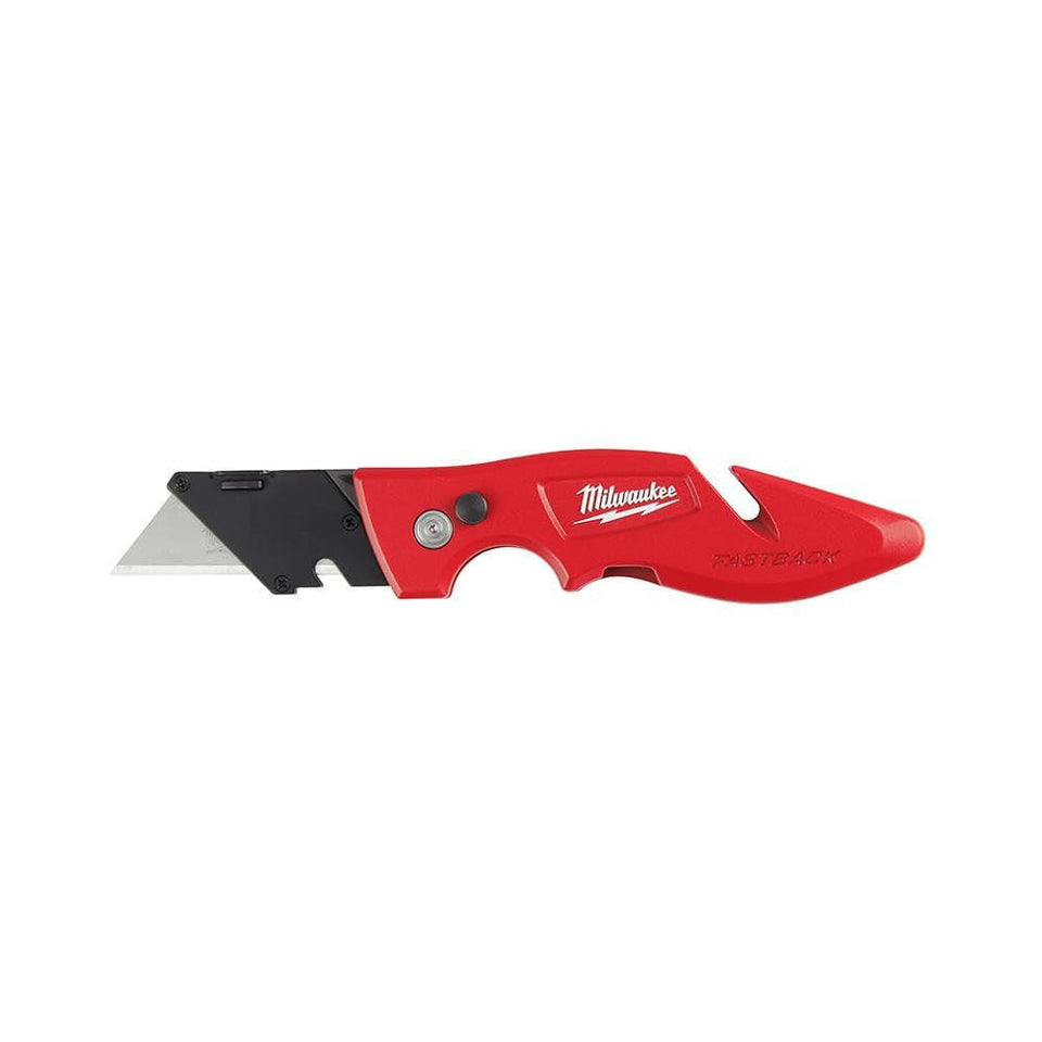 Milwaukee Fastback knife with belt clip and onboard wire stripper for quick field use