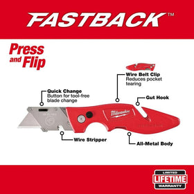 Milwaukee Fastback knife with textured handle for a secure grip.