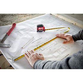 Milwaukee tape measure with five-point reinforced frame for tough jobs.