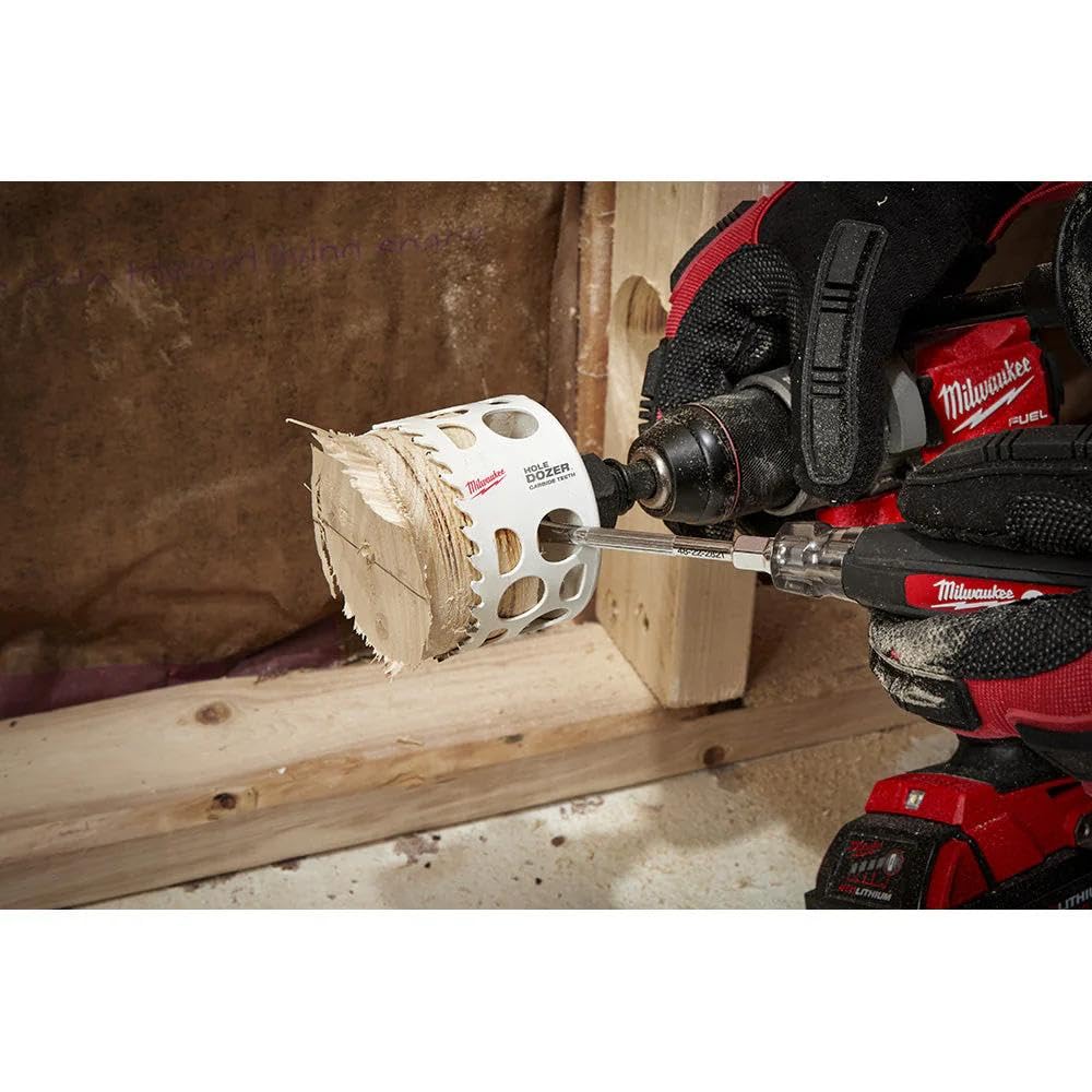 Milwaukee wood cutting preview shows clean hole starts and smooth edges.