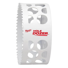 Milwaukee ice hardened hole saw 4-inch cutting metal with extended life.