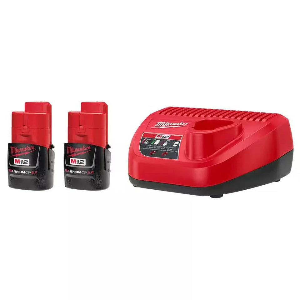 Milwaukee M12 2.0 compact battery kit with charger, extended runtime for cordless tools.