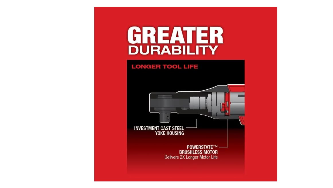 Milwaukee M12 FUEL 3/8 ratchet long motor life thanks to brushless design.