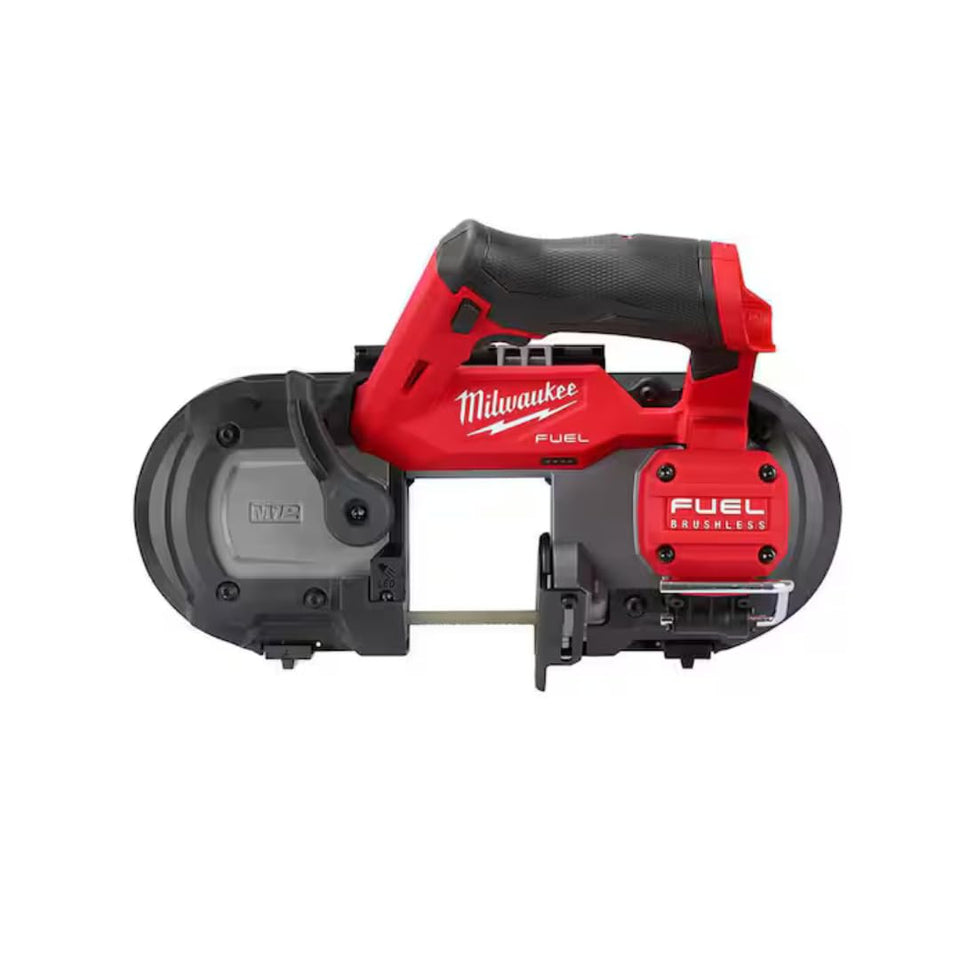 Milwaukee M12 FUEL compact band saw blade guard for precise cuts.