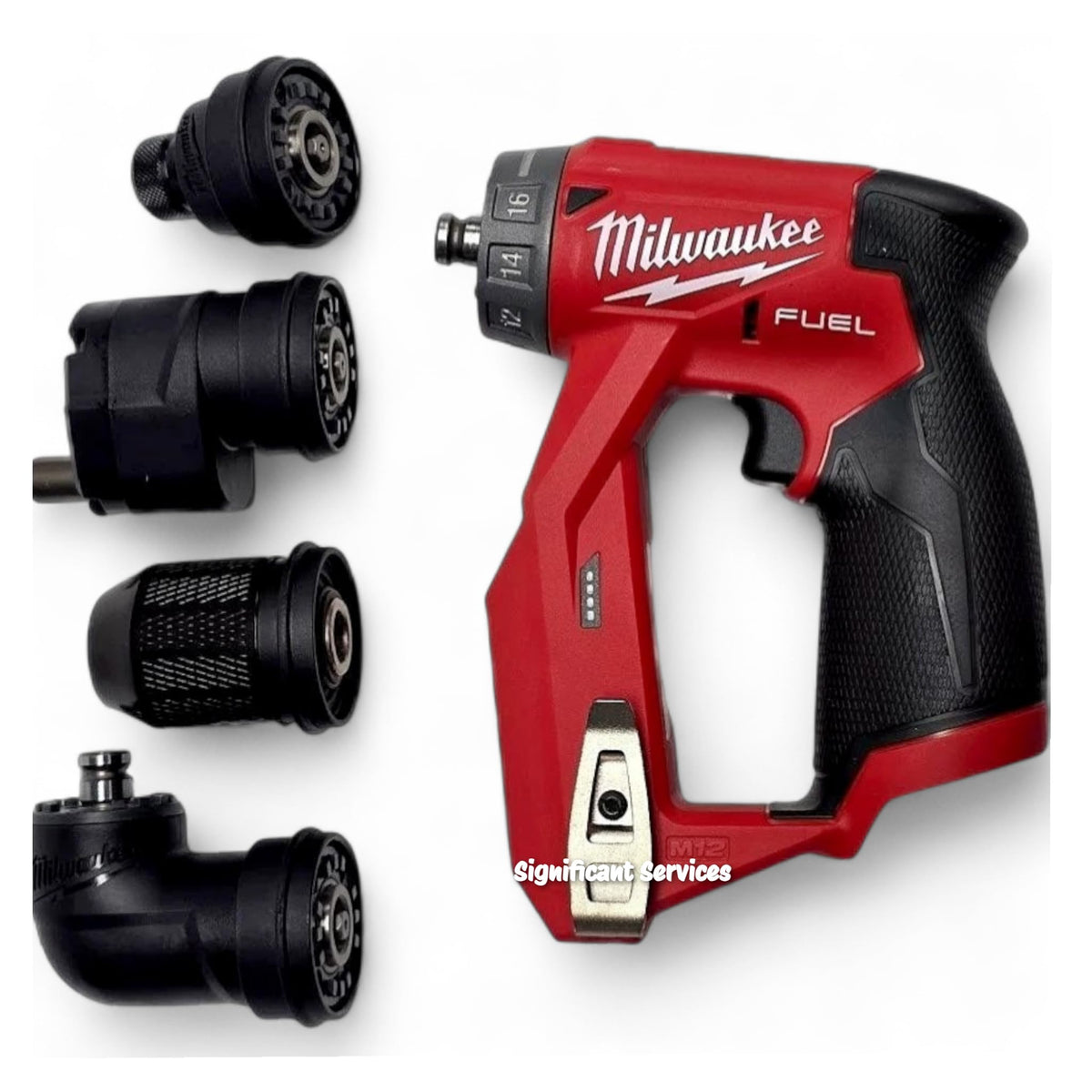 Milwaukee M12 FUEL installation drill with four heads for versatile reach.