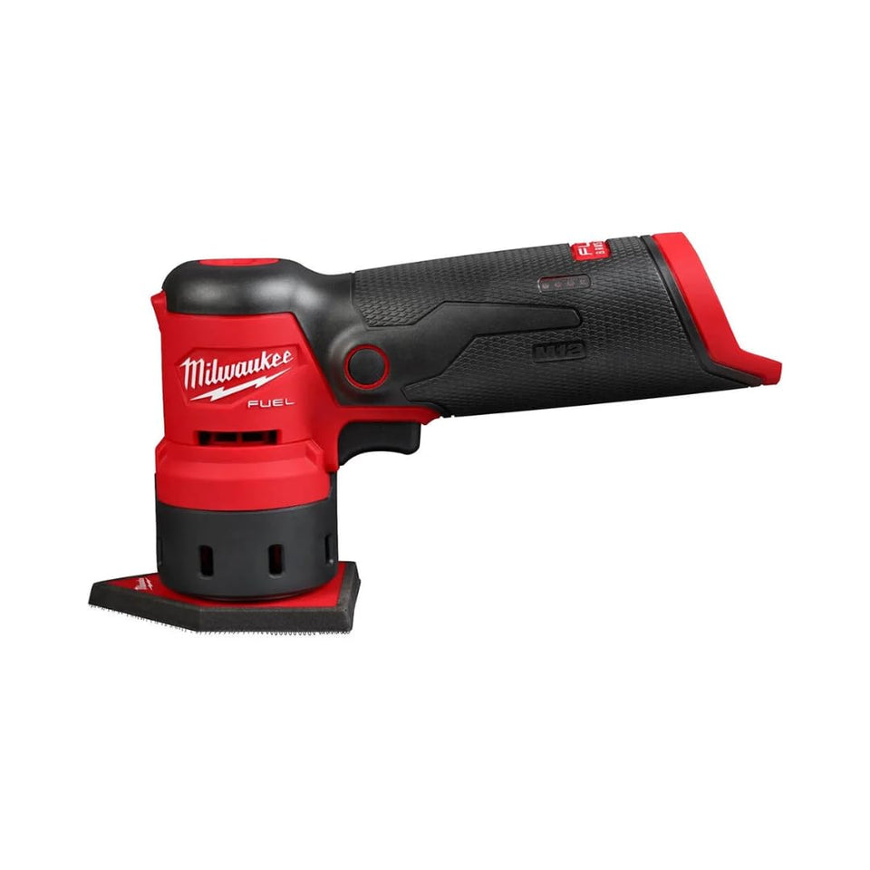 Milwaukee M12 Fuel Orbital Detail Sander front view shows compact, balanced design for tight spaces.