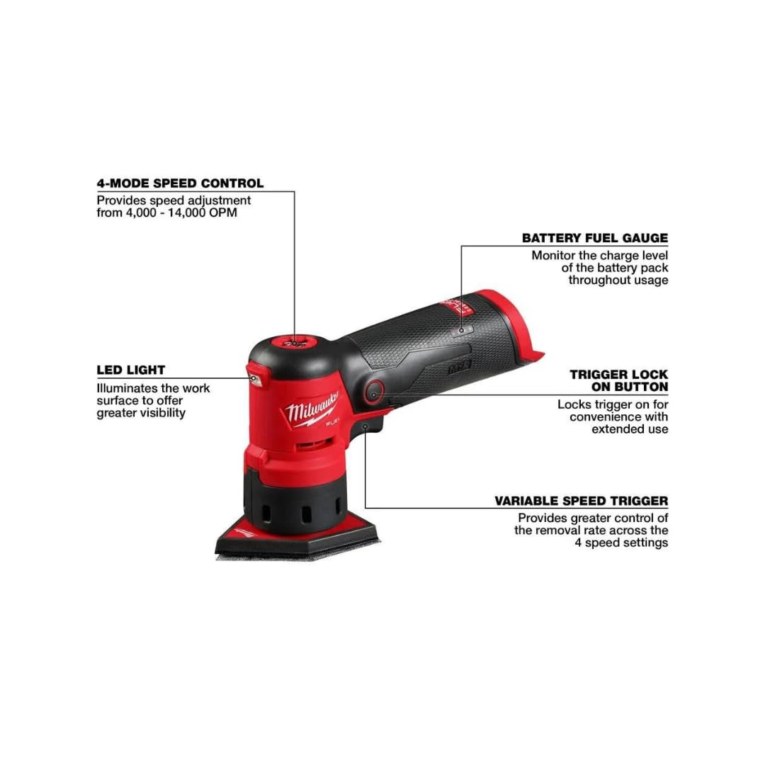 Milwaukee M12 Fuel Orbital Detail Sander LED light enhances visibility on the work surface.