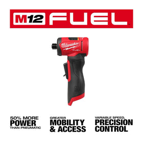 Milwaukee M12 Fuel right-angle die grinder showing brushless POWERSTATE motor efficiency.