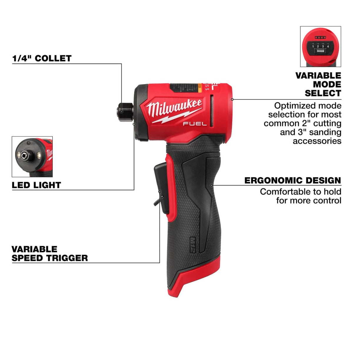 Spindle lock feature on Milwaukee M12 FUEL grinder enables quick accessory changes.