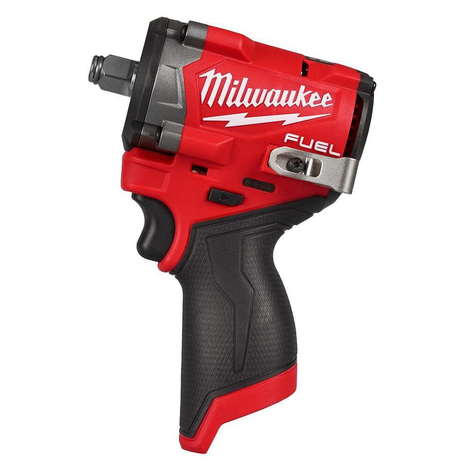 Milwaukee M12 FUEL Stubby 1/2 inch impact wrench close up showing compact space saving design
