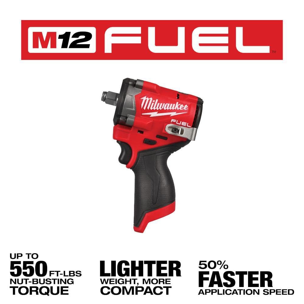 Milwaukee M12 FUEL Stubby 1/2 inch impact wrench compact design enables portable use in busy workshops