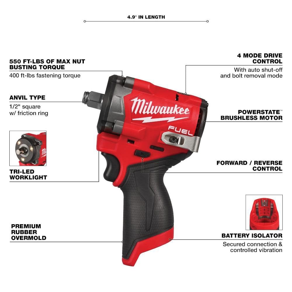 Milwaukee M12 FUEL Stubby 1/2 inch impact wrench in workshop setup for versatile maintenance