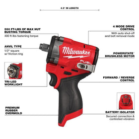 Milwaukee M12 FUEL Stubby 1/2 inch impact wrench in workshop setup for versatile maintenance