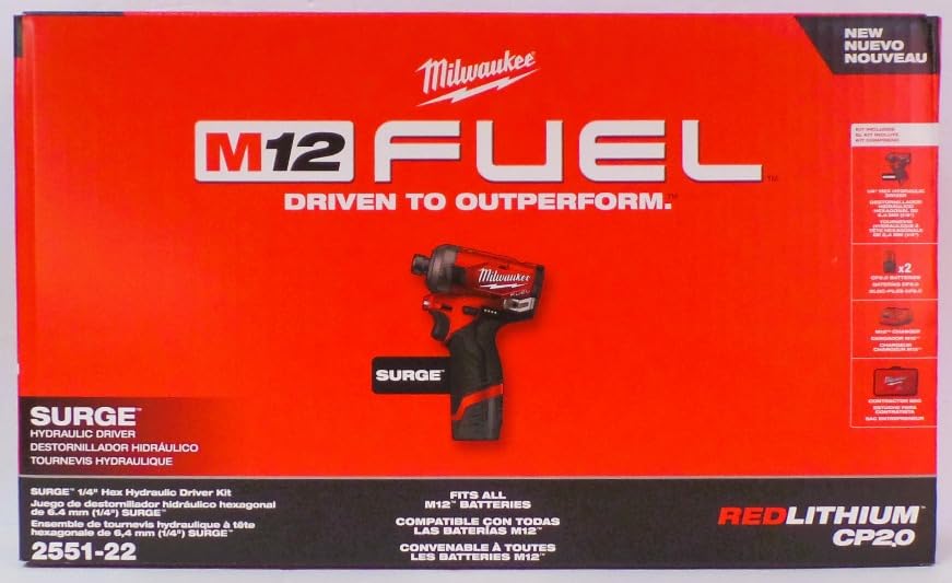 Milwaukee M12 FUEL SURGE 1/4 in hex hydraulic driver kit, compact and quieter for tight spaces.