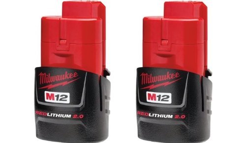 Milwaukee M12 RedLithium 2.0Ah batteries, two-pack, for extended runtime.