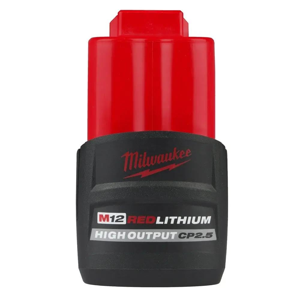 Milwaukee M12 REDLITHIUM HIGH OUTPUT CP2.5 battery front view highlighting compact power core.