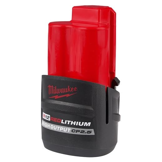Milwaukee M12 CP2.5 battery side angle showing cooler operation and extended runtime.