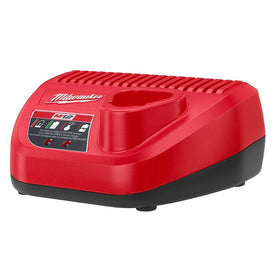 Milwaukee M12 charger powers quick top-ups between tasks.