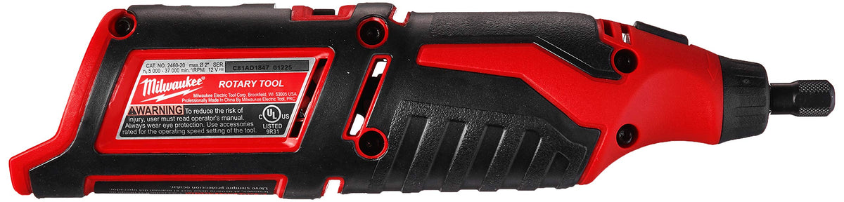 Milwaukee M12 rotary tool with ergonomic handle for comfortable extended use.