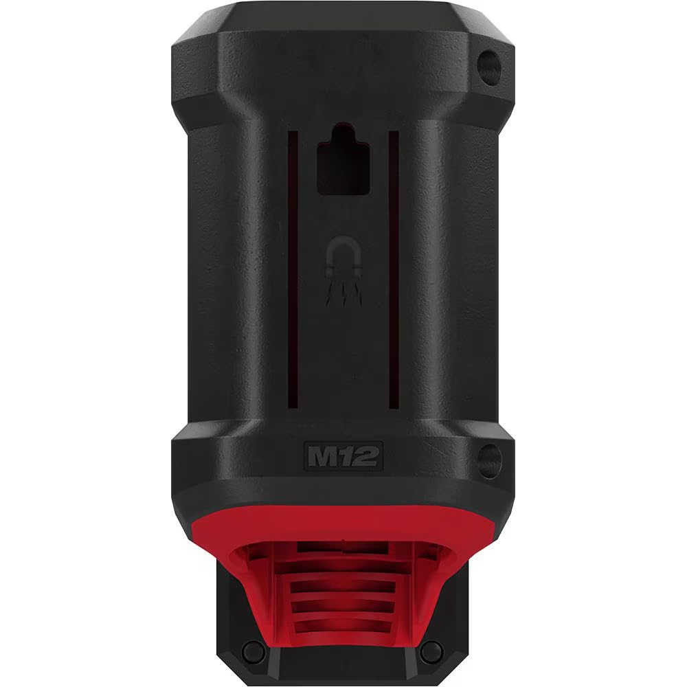 Milwaukee M12 Rover flood light battery compartment detail supports quick battery swaps