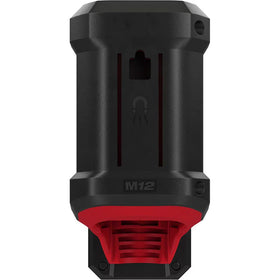 Milwaukee M12 Rover flood light battery compartment detail supports quick battery swaps
