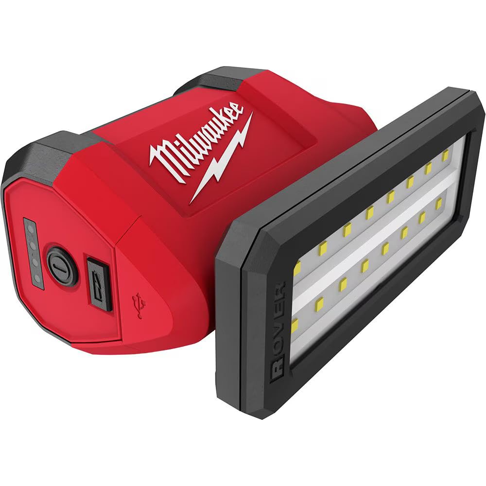 Milwaukee M12 Rover flood light front view shows compact, cordless brightness for job sites