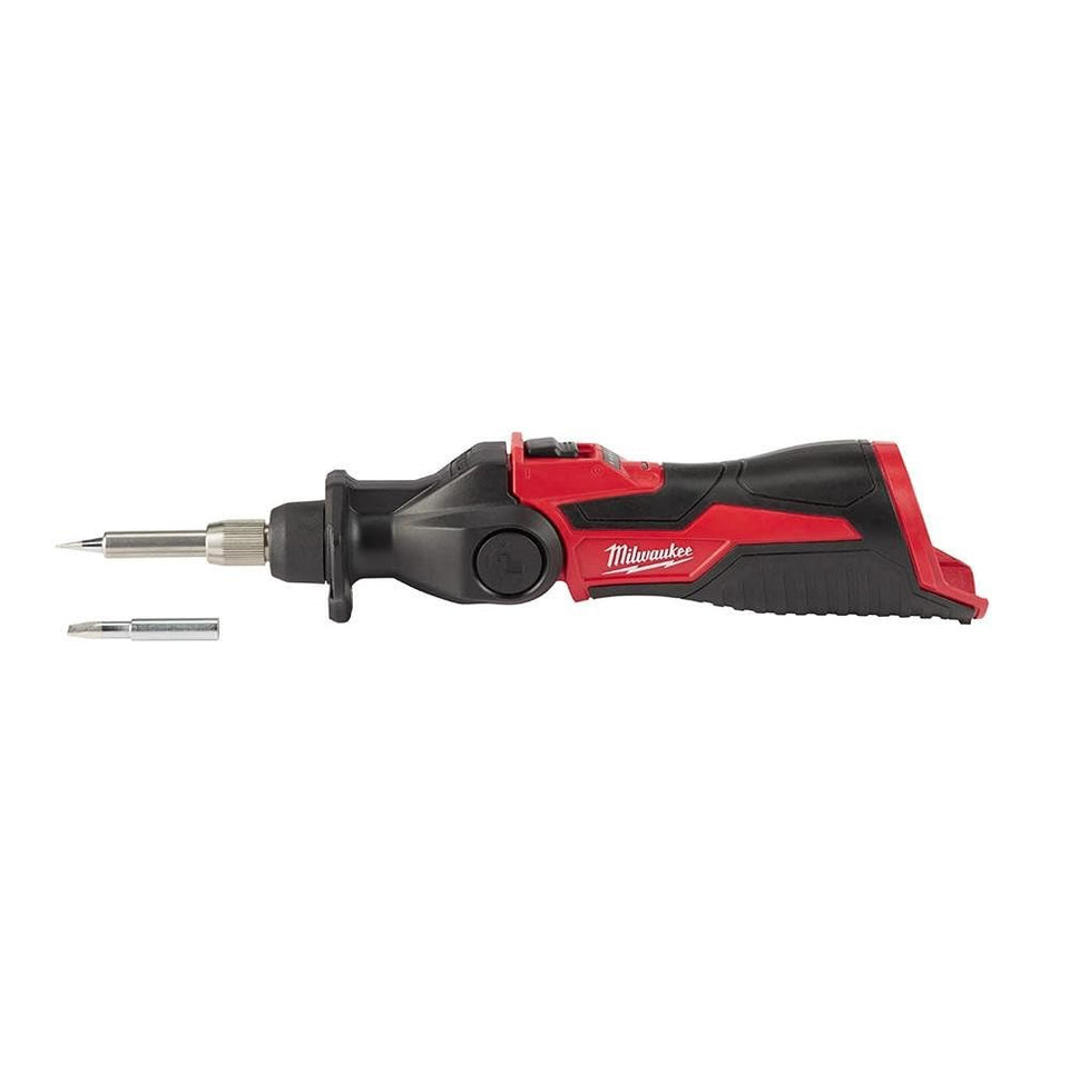 Milwaukee M12 Soldering Iron with pivoting head enables tight-space soldering and versatile access.