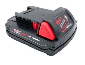 Milwaukee M18 1.5Ah battery front view highlighting compact design for tight spaces