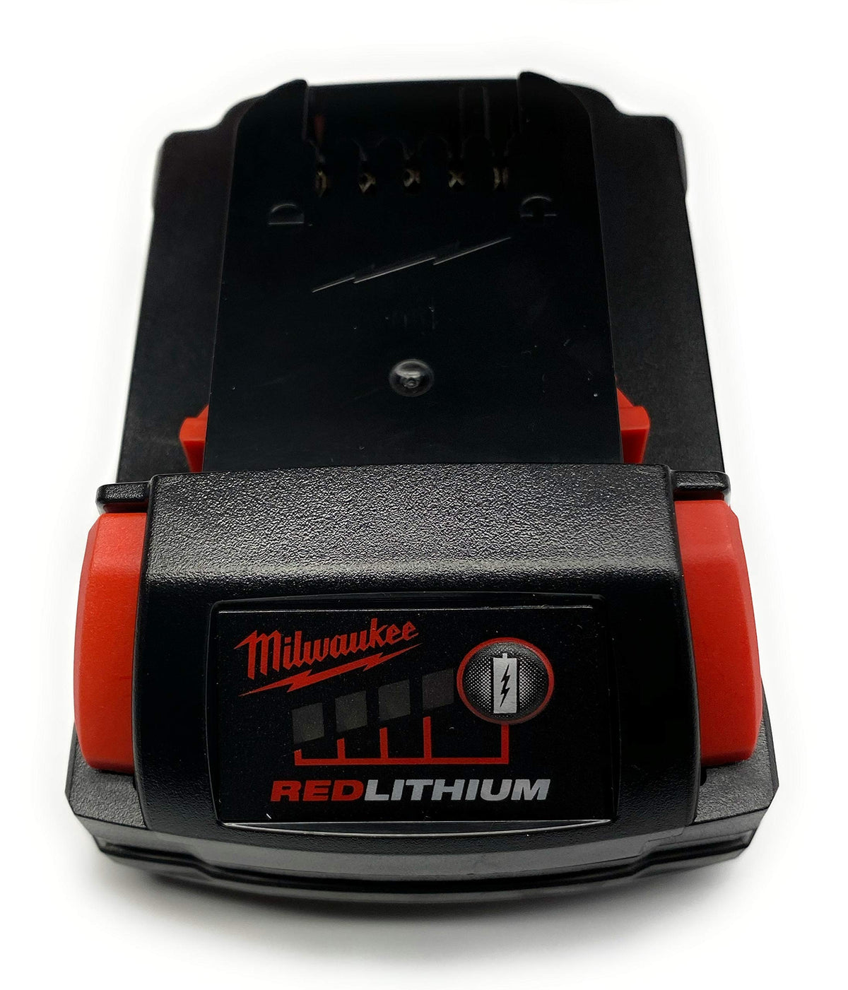 Milwaukee M18 1.5Ah battery side view emphasizes light weight for overhead tasks