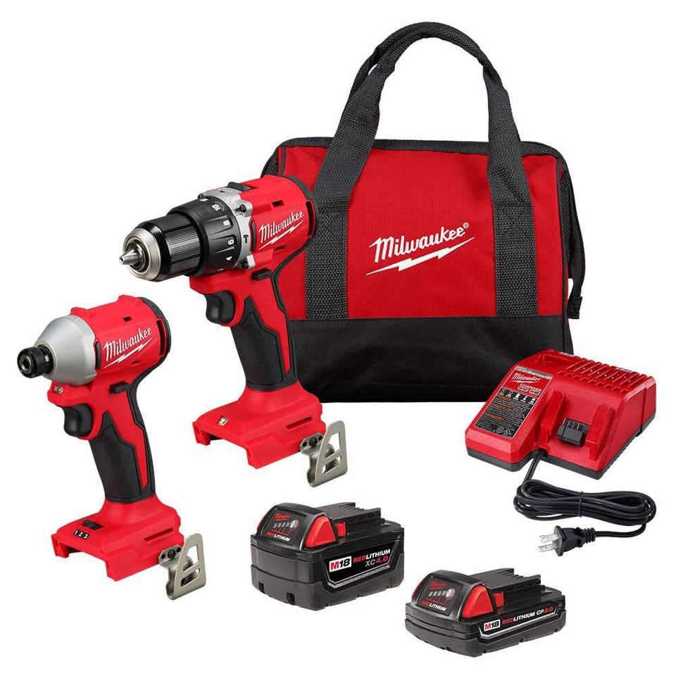 Milwaukee M18 compact brushless drill and impact driver in use, ideal for overhead spaces.