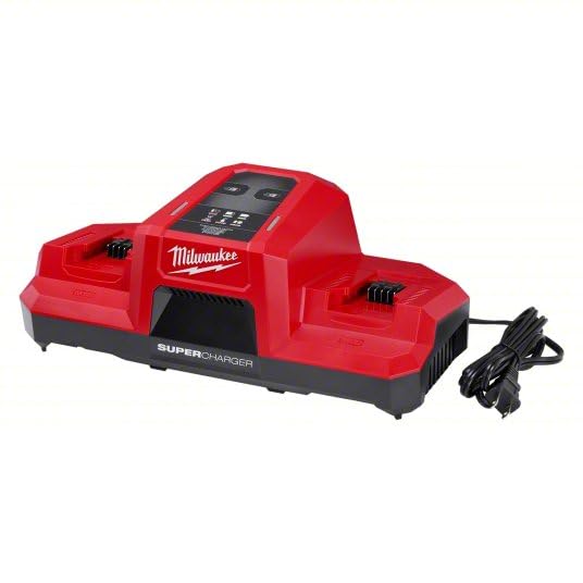 Milwaukee M18 Dual Bay Super Charger powering two batteries quickly for continuous work.