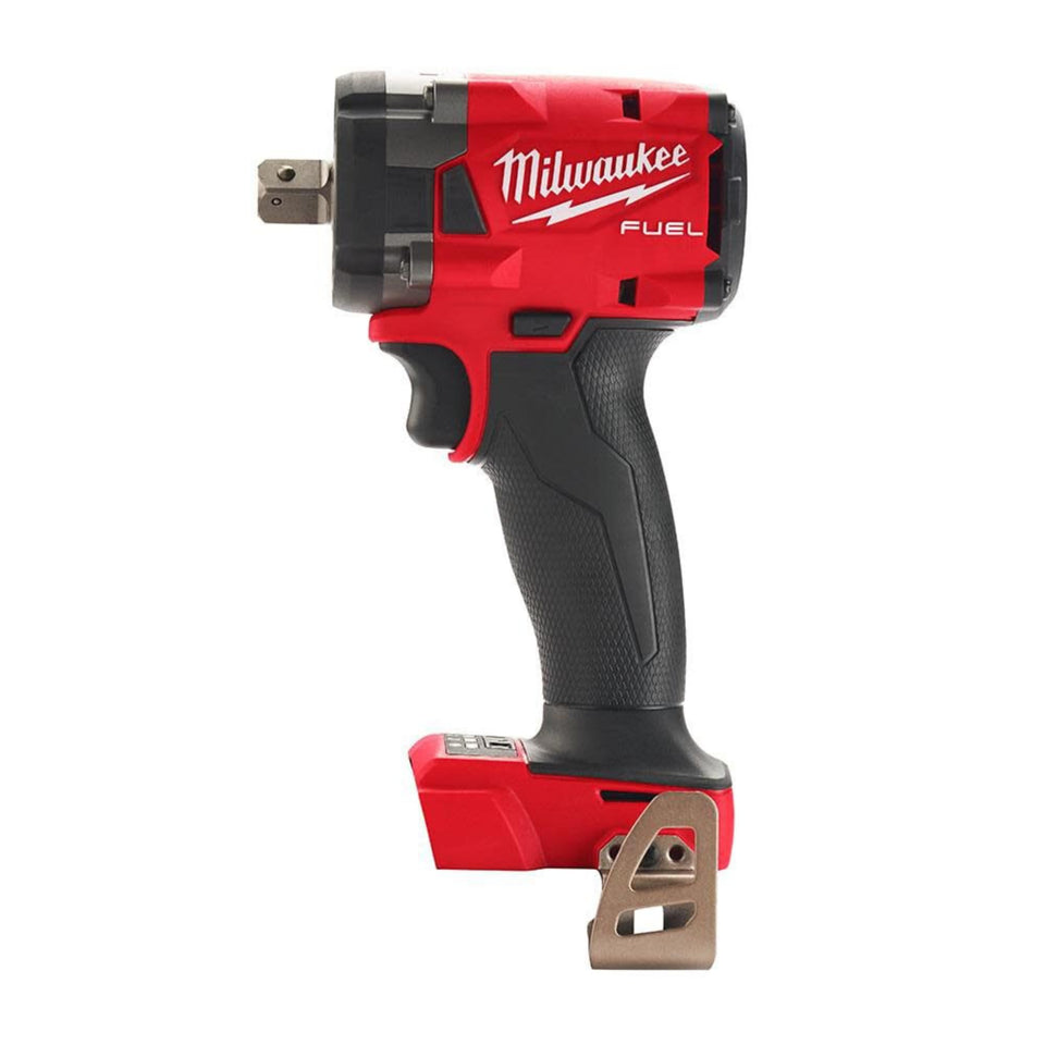Milwaukee M18 FUEL 1/2 compact impact wrench (2855P-20) ready for tight-space bolt work.