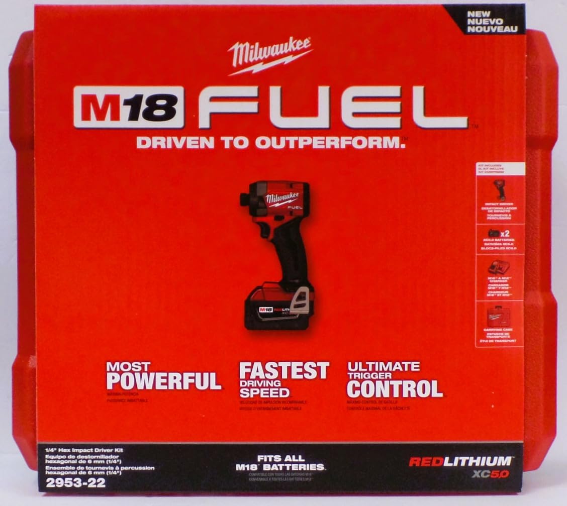 Milwaukee M18 Fuel 1/4 hex impact driver kit with tri-LED lighting for improved visibility.