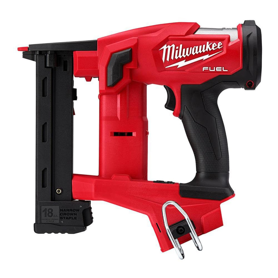 Milwaukee M18 FUEL 18GA stapler close-up, precise drive depth