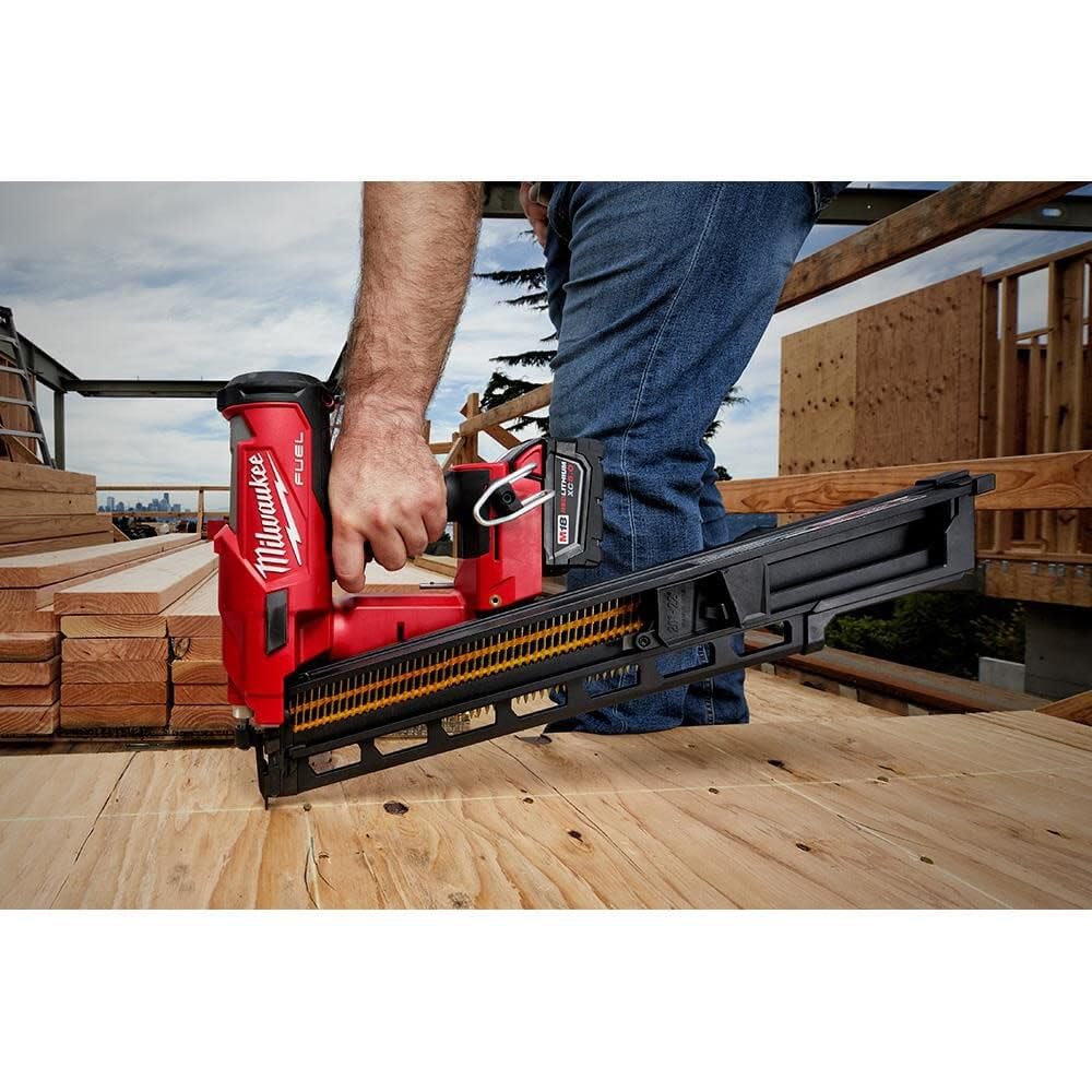 Milwaukee M18 FUEL framing nailer belt hook keeps it within reach on site