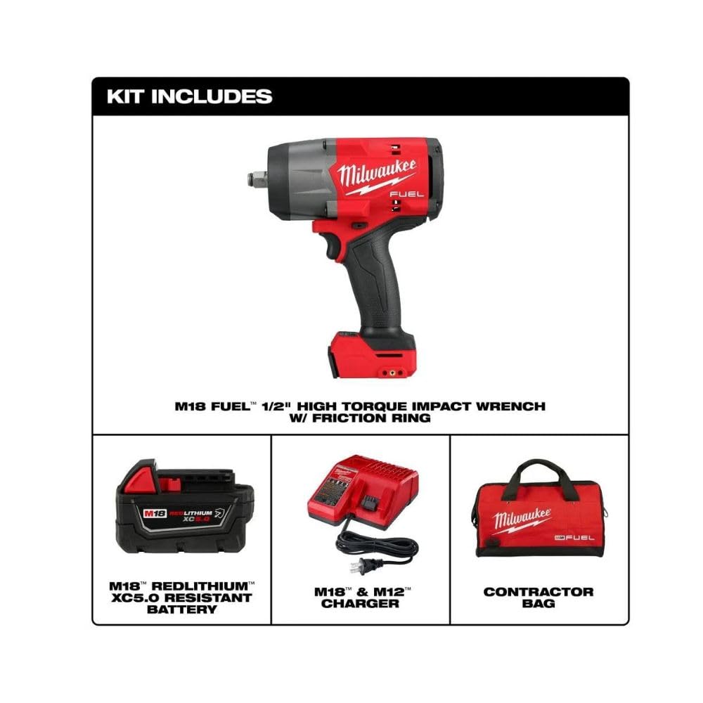 Milwaukee M18 FUEL 5.0Ah battery provides extended runtime.