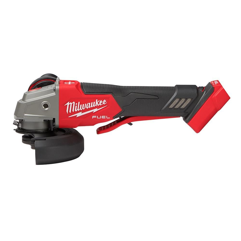 Milwaukee M18 FUEL grinder 4-1-2-5-inch in action for precise metal finishing.